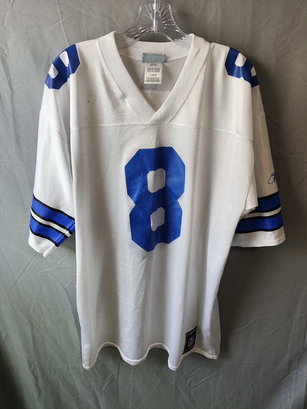 Dallas Cowboys Football Jersey Mens Large White Blue NFL Football Reebok POP 8
